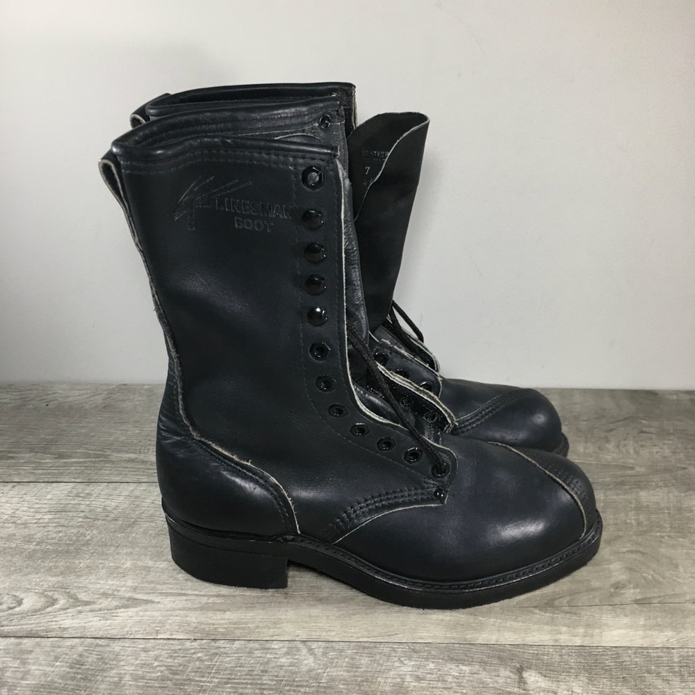 Linesman Boot Steel Toe Climber Combat Black Leather Mens Boots Size 7 E, Wide